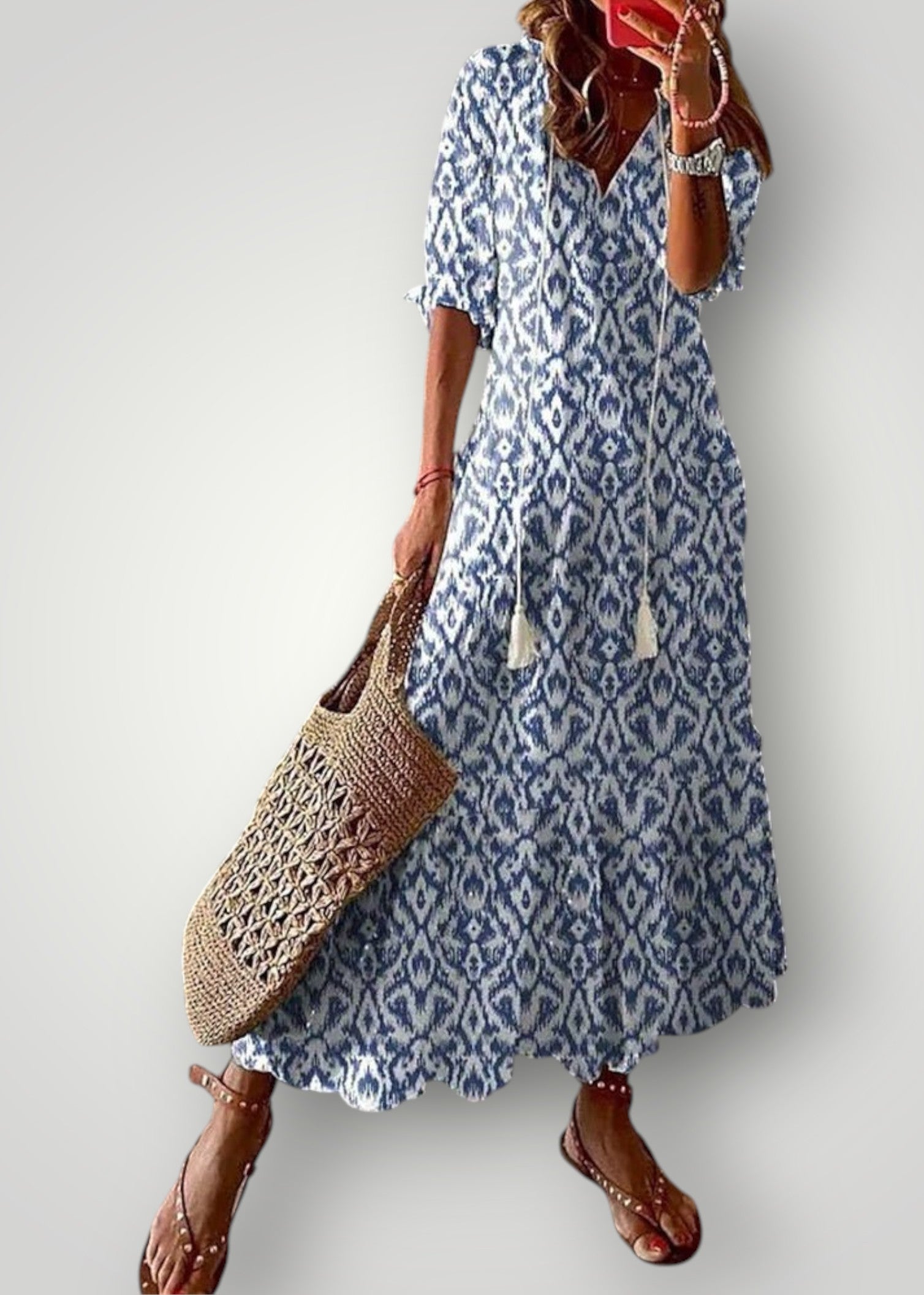 Alina – Boho Maxi Dress with Floral Print and Tassel Tie