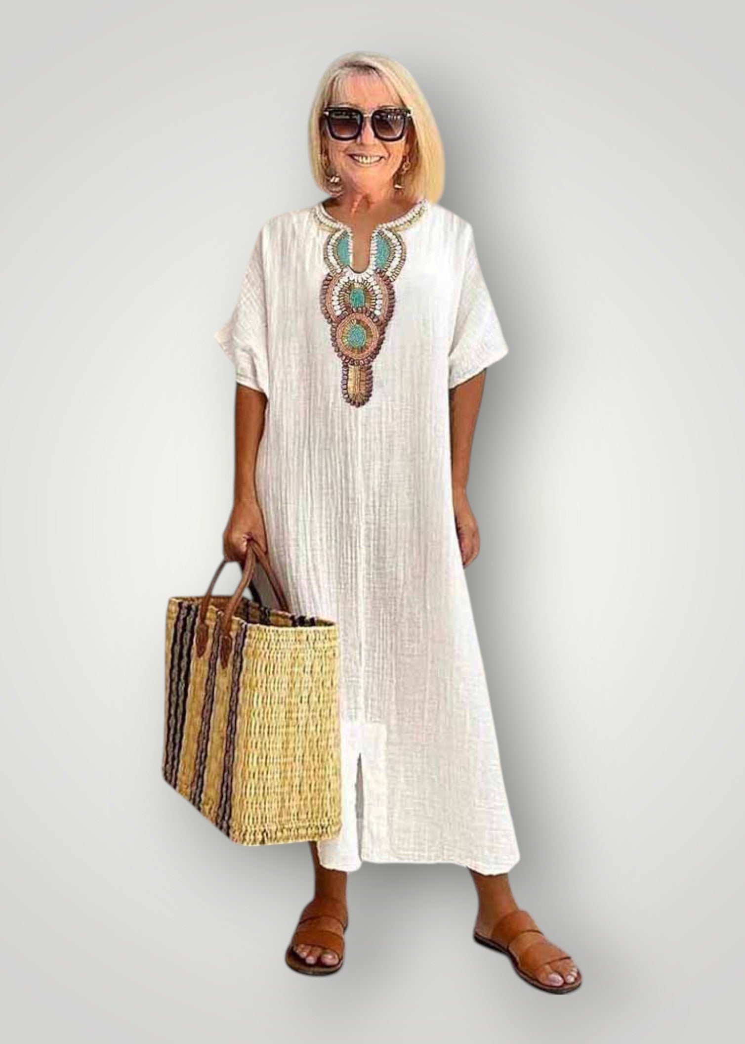 Sofia – Boho Maxi Dress with Embroidered Neckline
