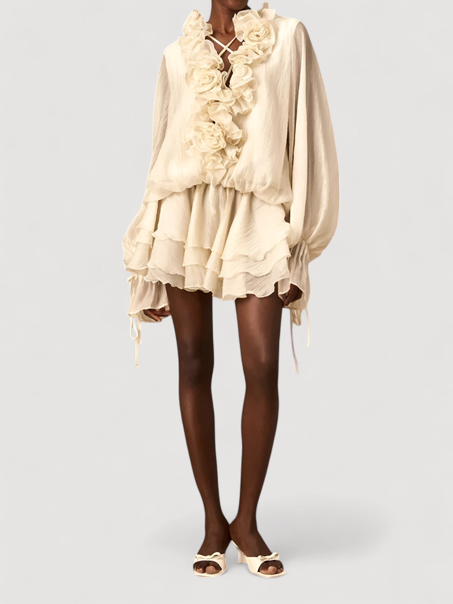 Lina Ruffled Dress – with Rose Appliqué & Balloon Sleeves