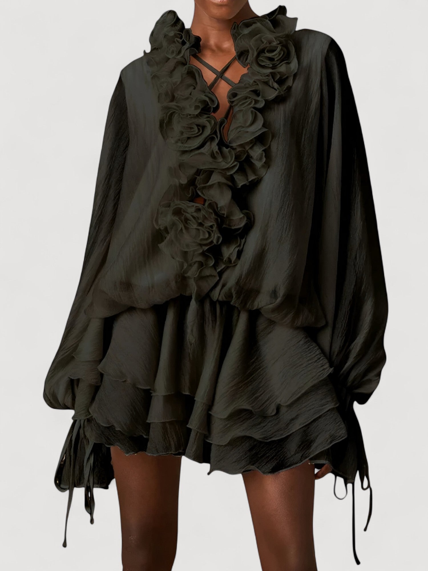Lina Ruffled Dress – with Rose Appliqué & Balloon Sleeves