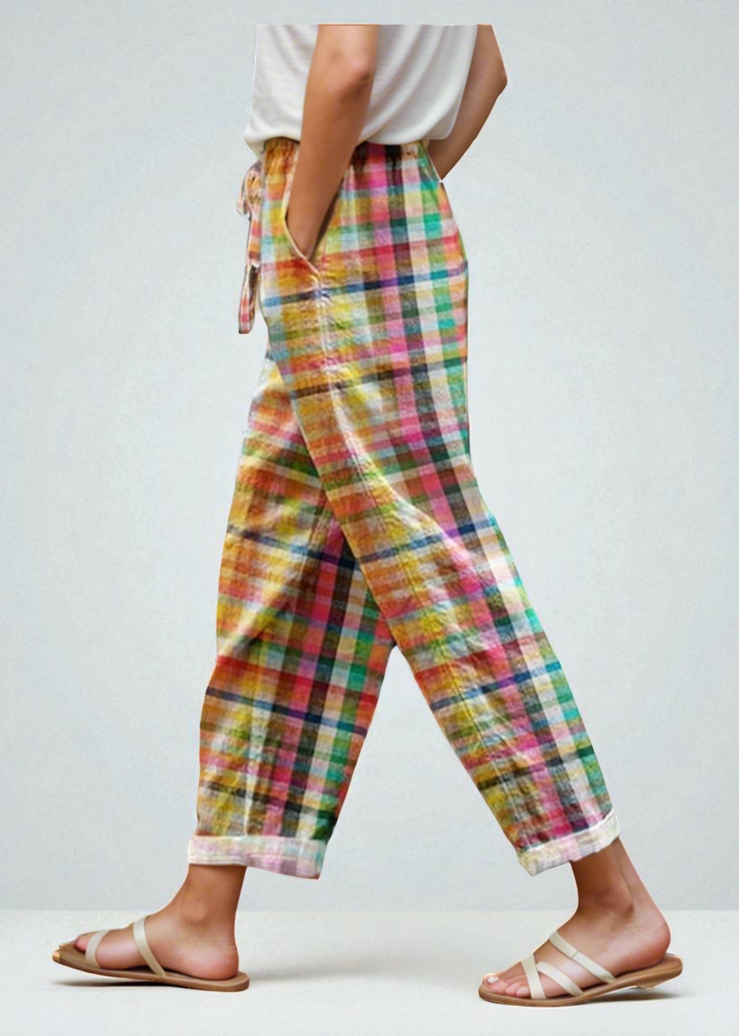 Mila – Lightweight Checked Summer Trousers with Tie Waist
