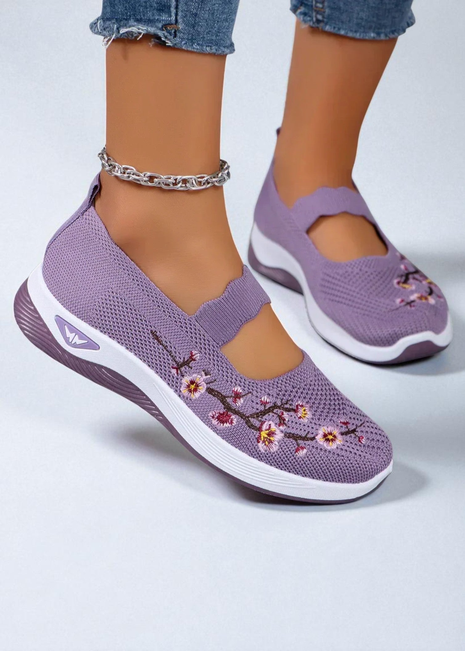 Emi – Embroidered Knit Comfort Shoe with Elastic Strap