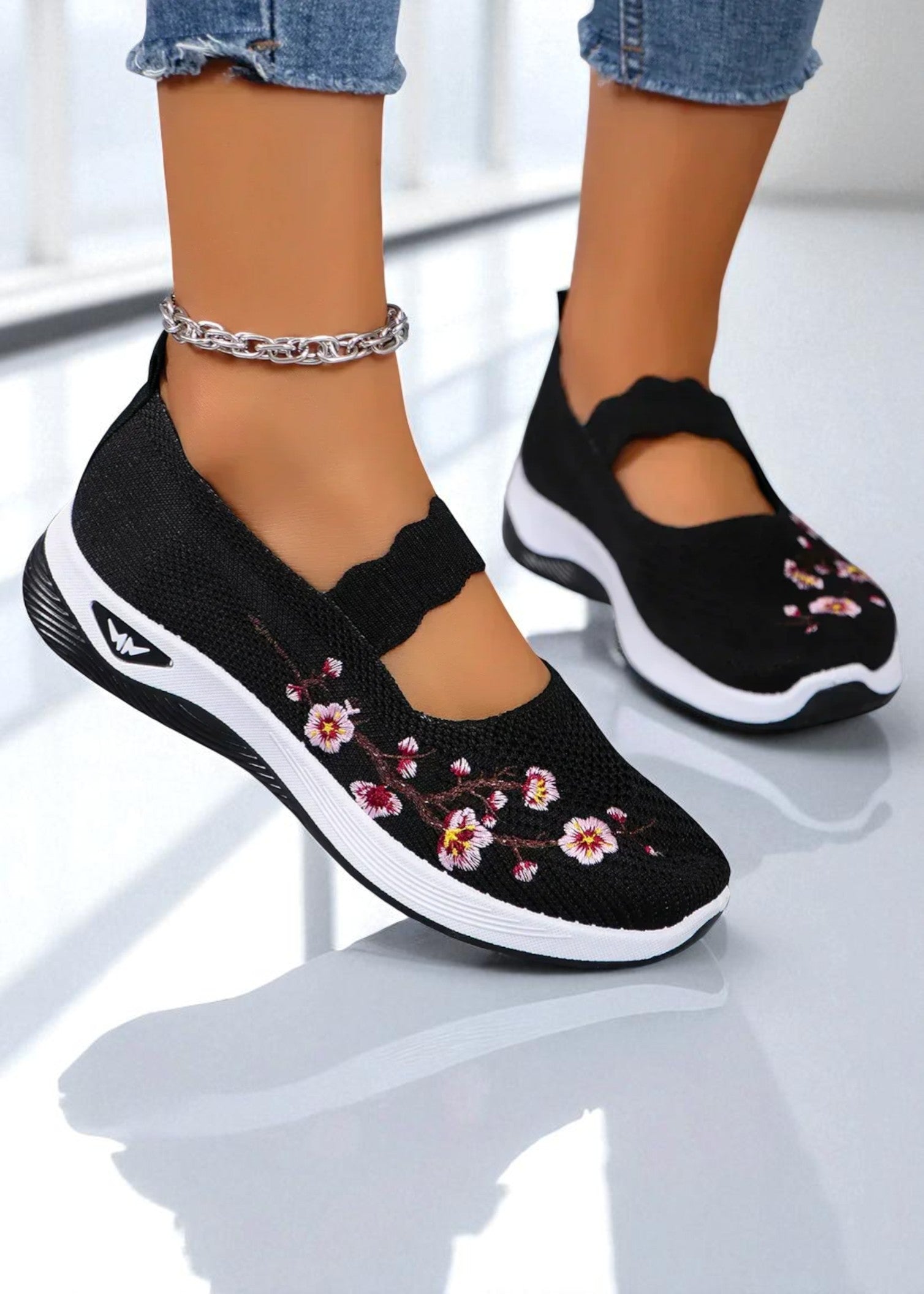 Emi – Embroidered Knit Comfort Shoe with Elastic Strap