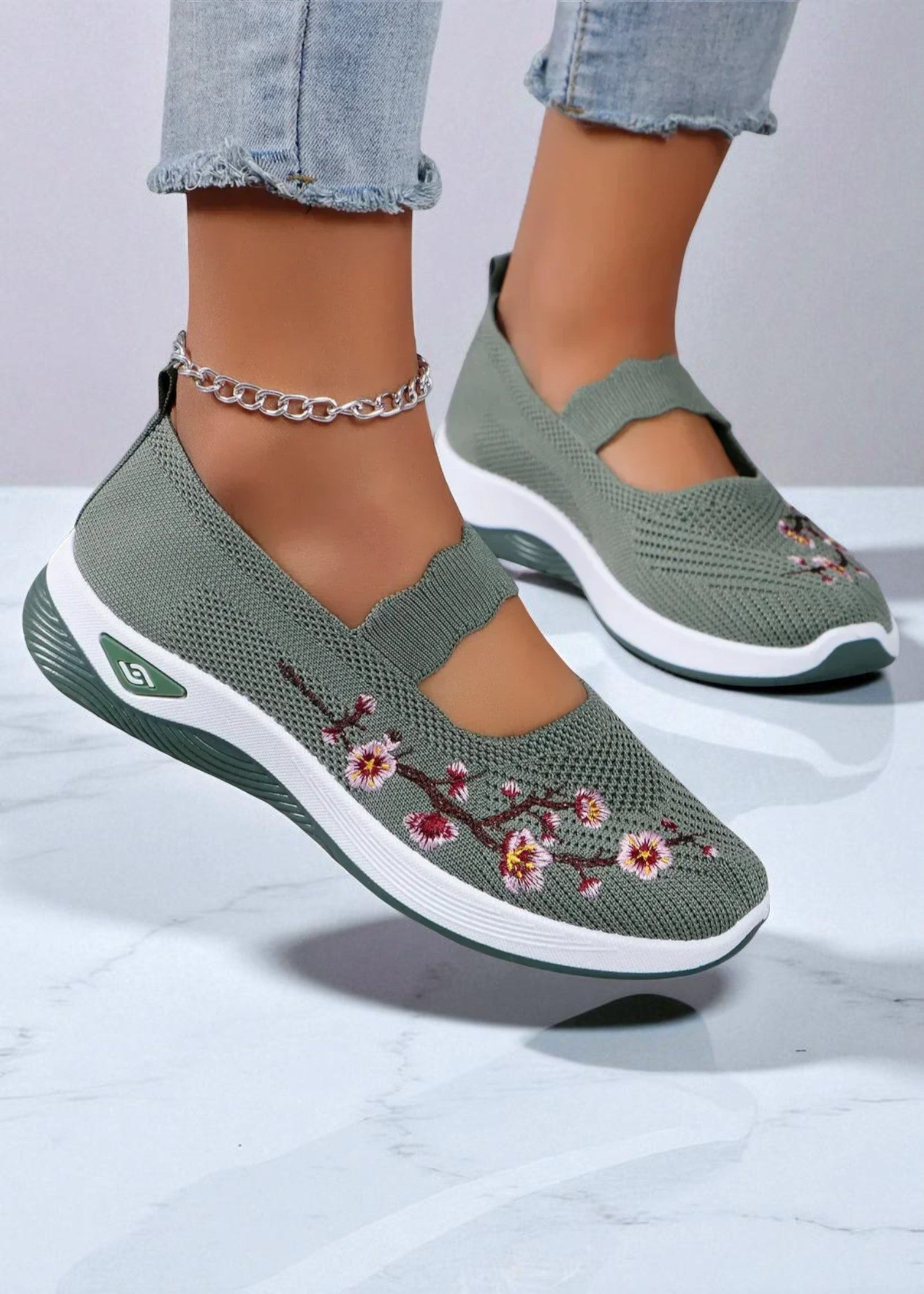 Emi – Embroidered Knit Comfort Shoe with Elastic Strap