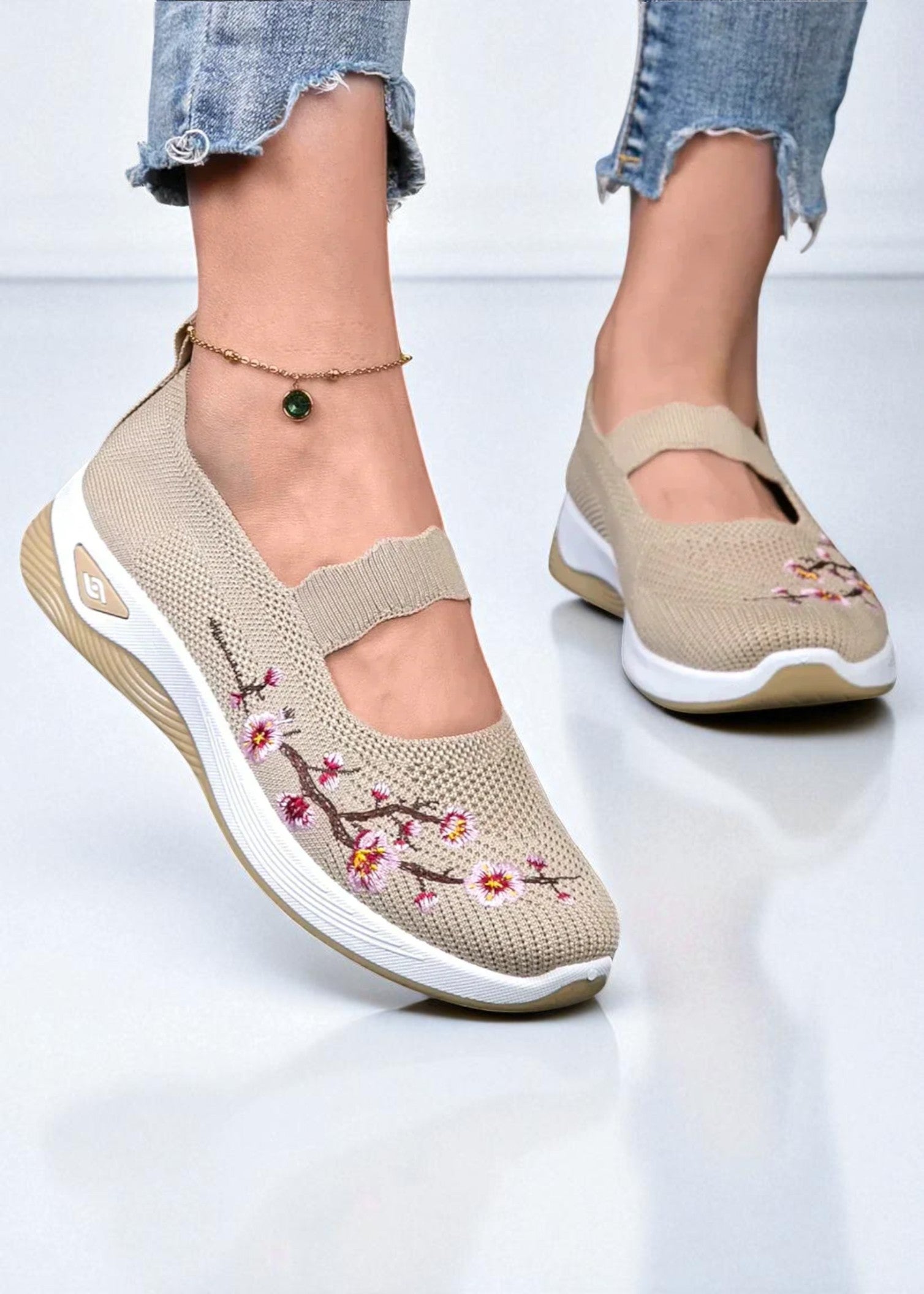 Emi – Embroidered Knit Comfort Shoe with Elastic Strap