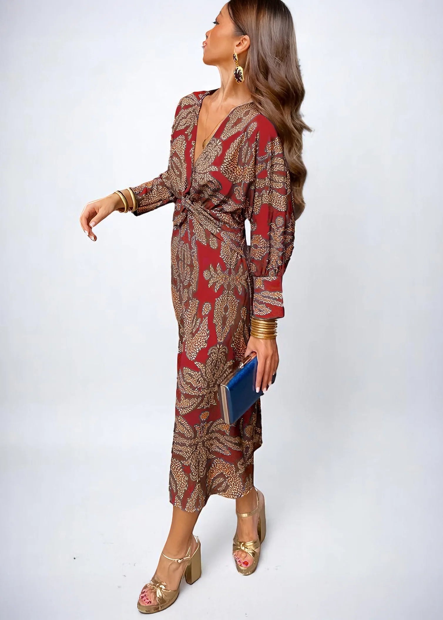 Sahana – Patterned Midi Dress with Knot Detail