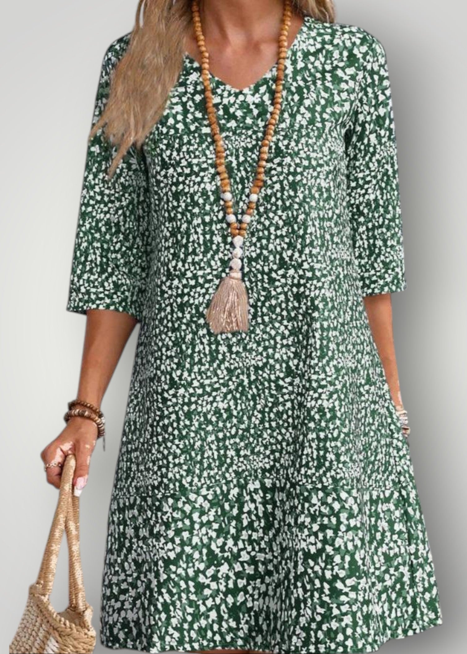 Nora – Casual Dress with 3/4 Sleeves and Leaf Print