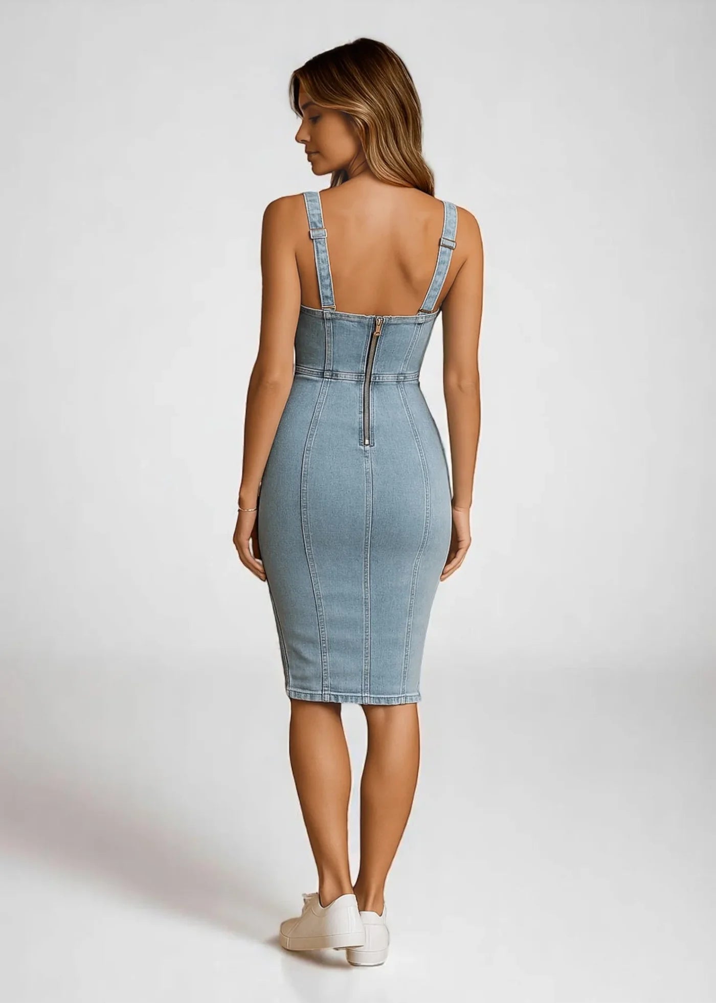 Romy – Figure-Hugging Denim Dress with Zip & Split