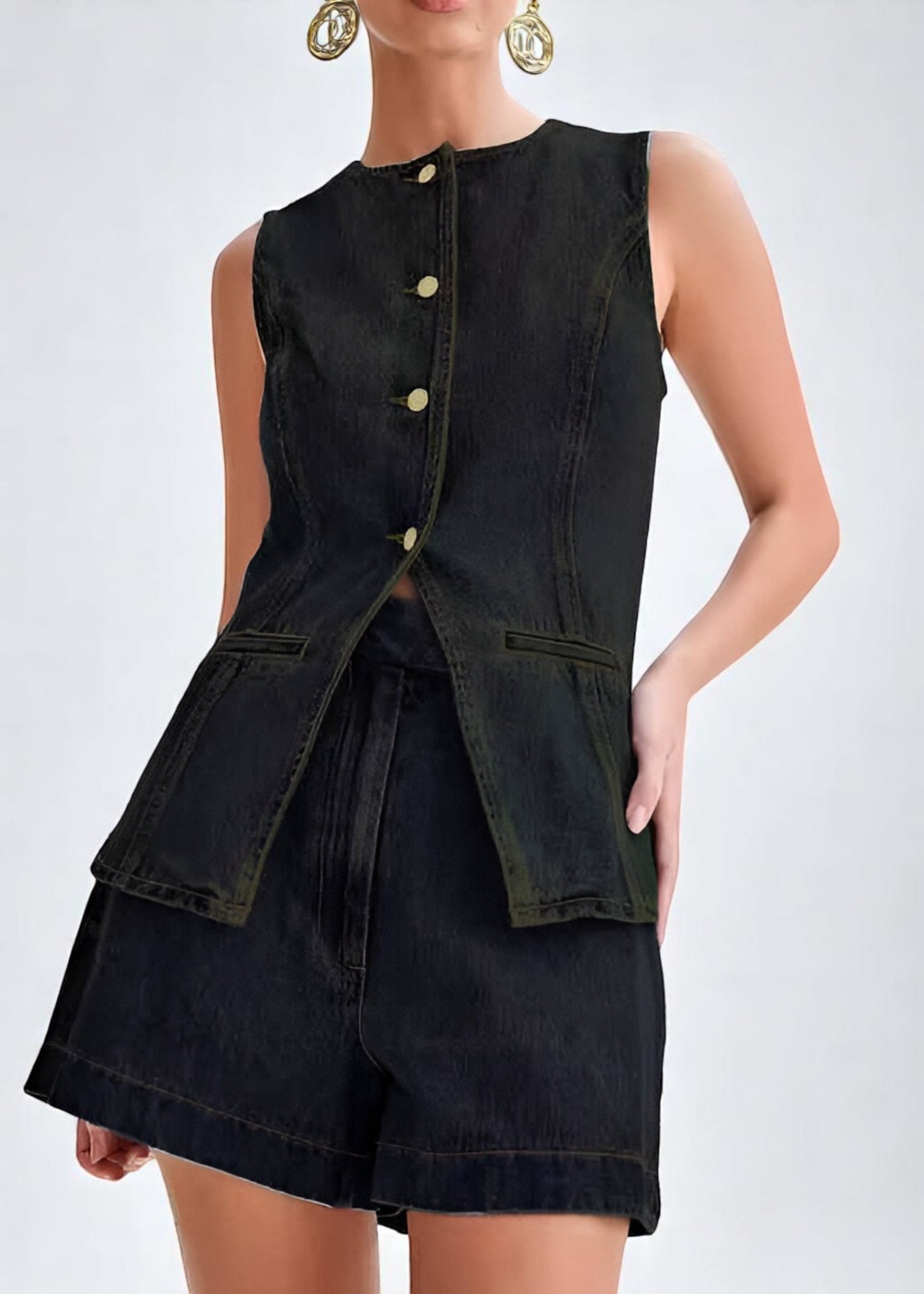 Camille – Denim Set with Gold Buttons
