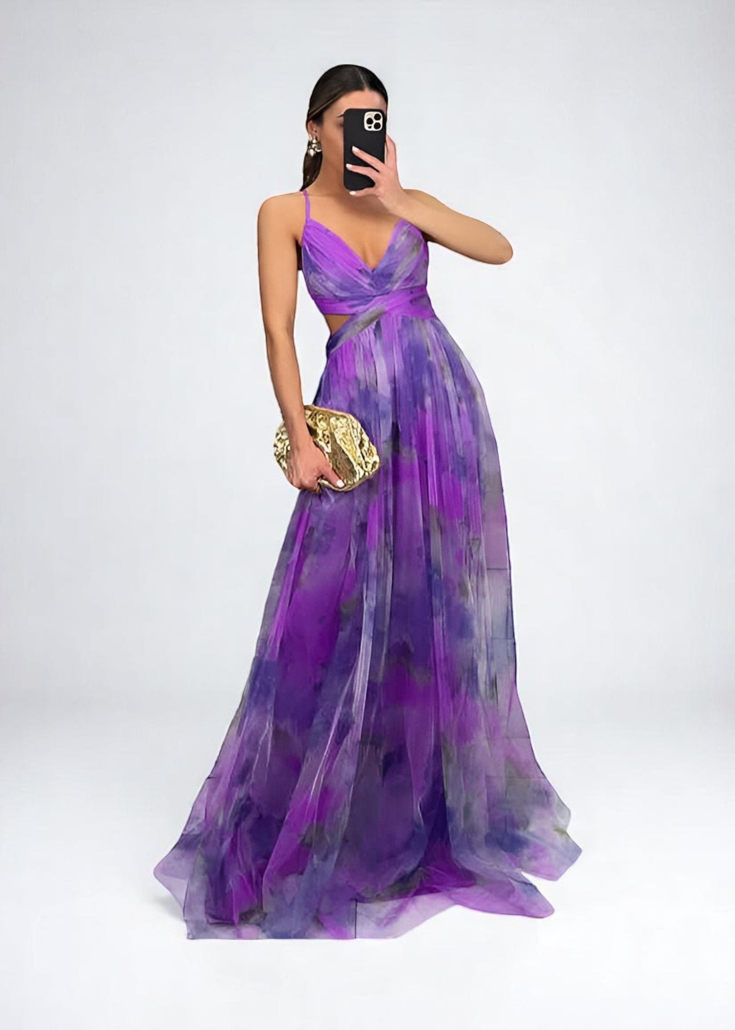 Lunara – Flowing Maxi Dress with Cut-Out & Watercolour Effect