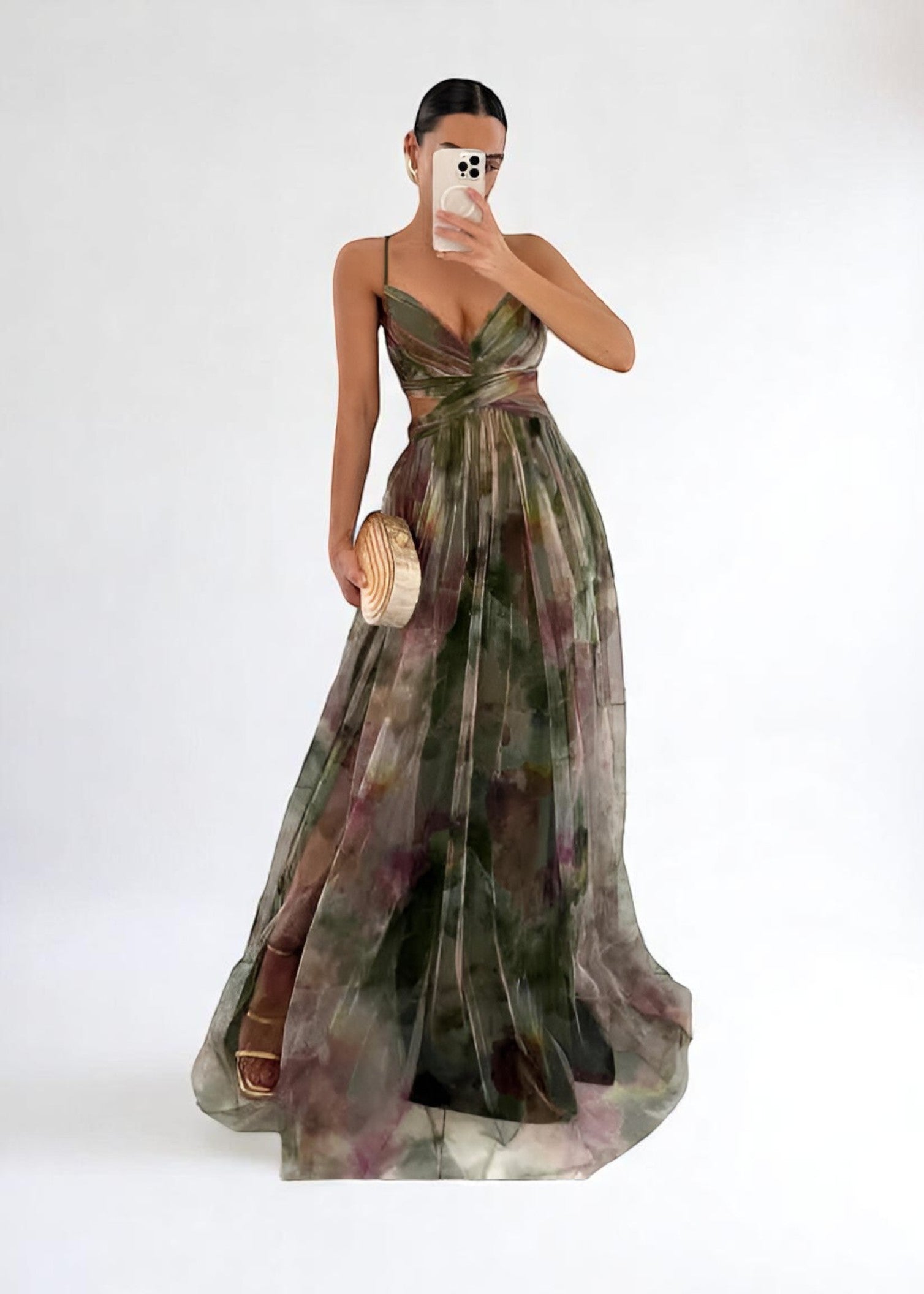 Lunara – Flowing Maxi Dress with Cut-Out & Watercolour Effect