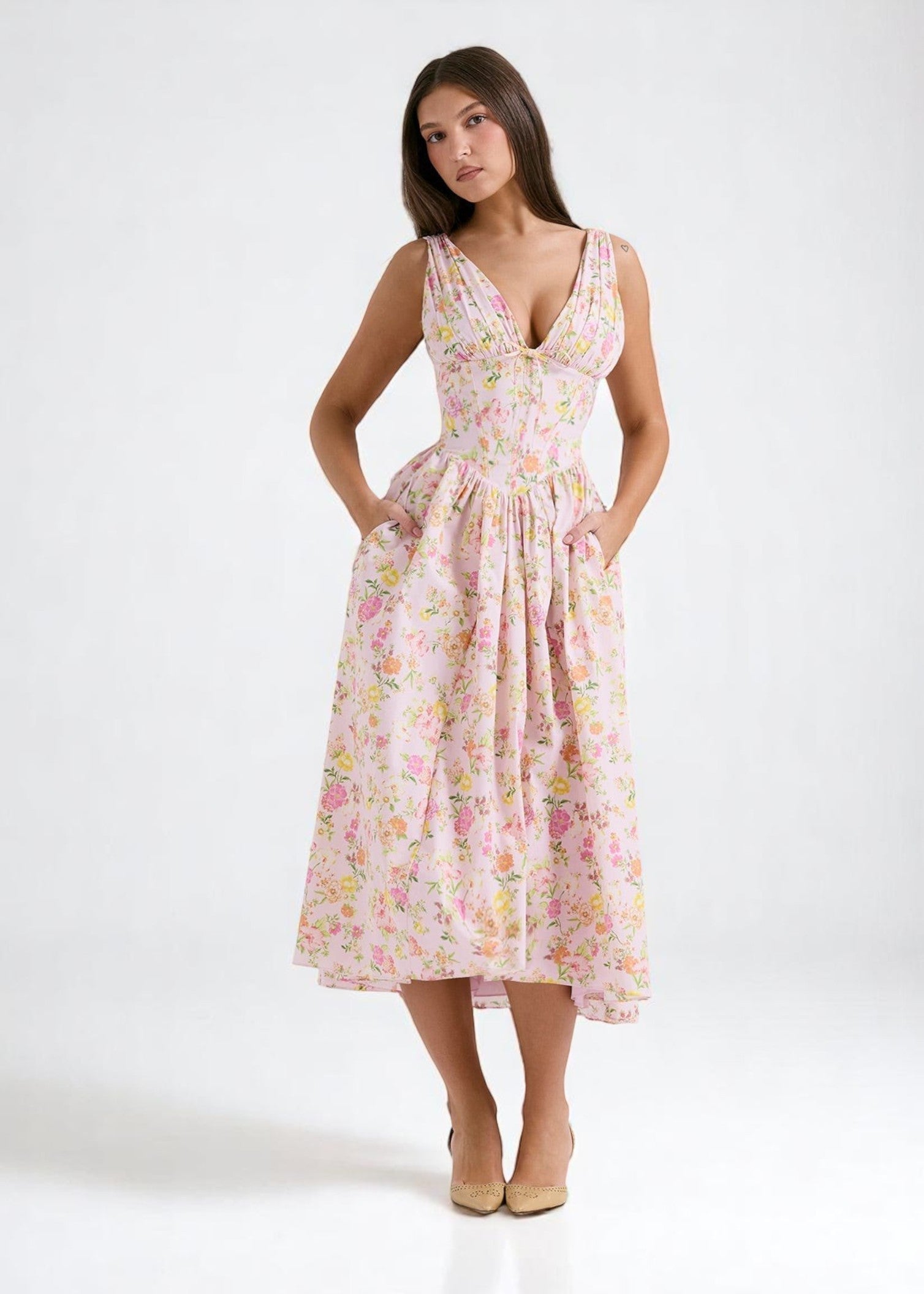 Florina – Midi Dress with Floral Print and V-Neck