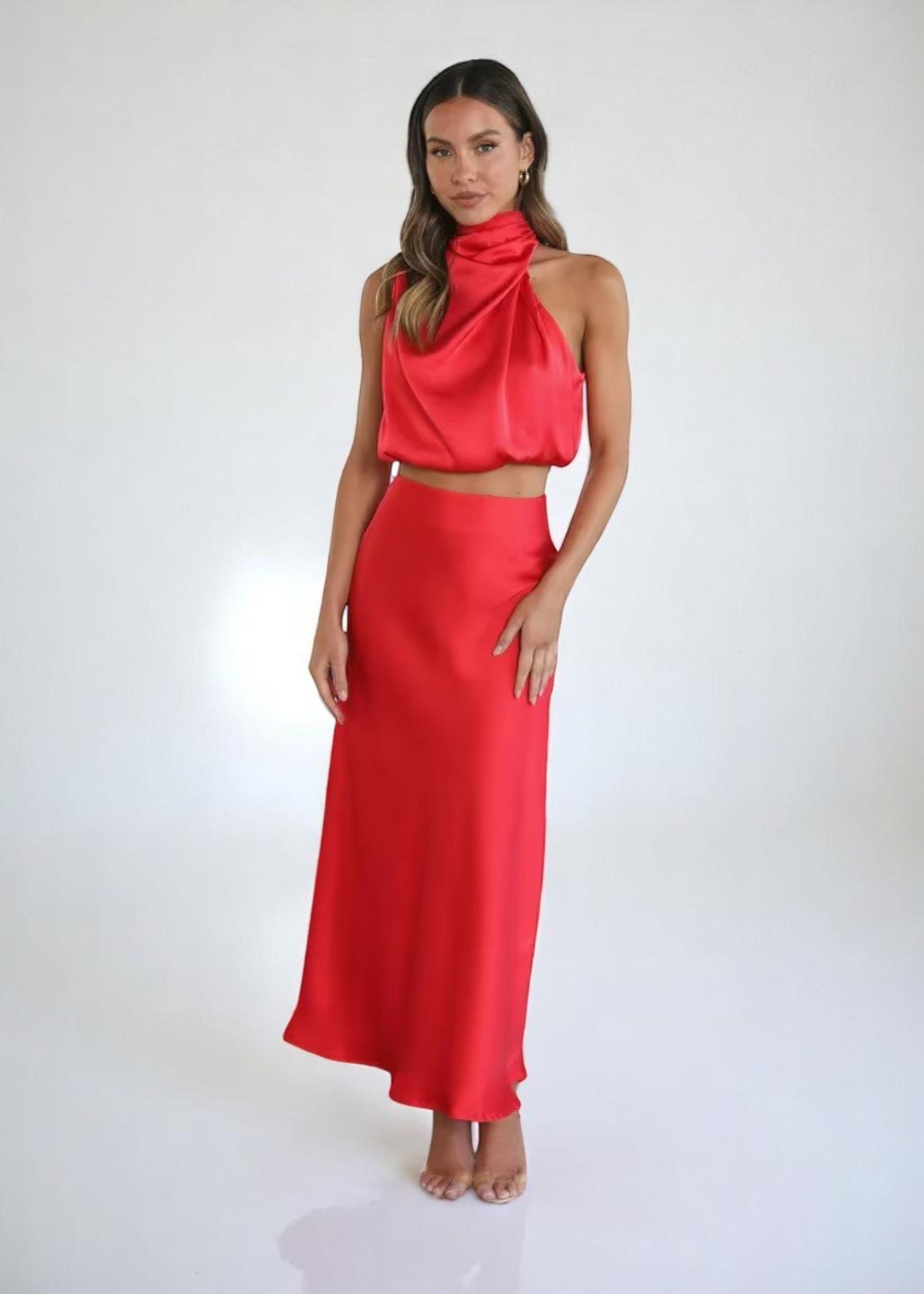Satin Elegance Set – Two-Piece Maxi Skirt & Roll Neck Top