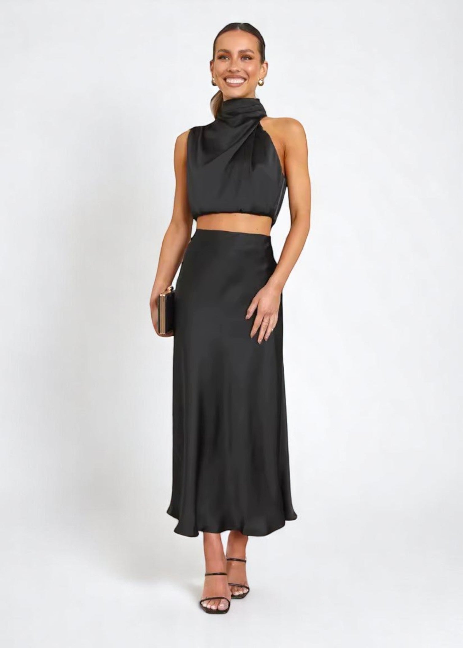 Satin Elegance Set – Two-Piece Maxi Skirt & Roll Neck Top