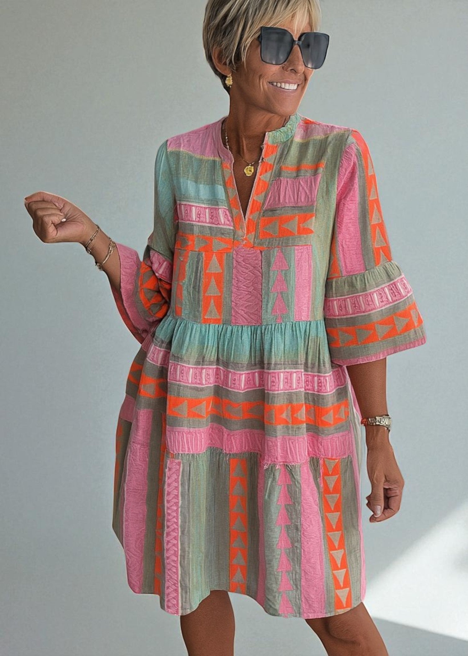 Eliza – Boho Tunic Dress with Geometric Accents